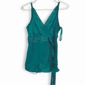 Le Chateau 100% Silk Teal Lace-Trim Sequin Tank Top